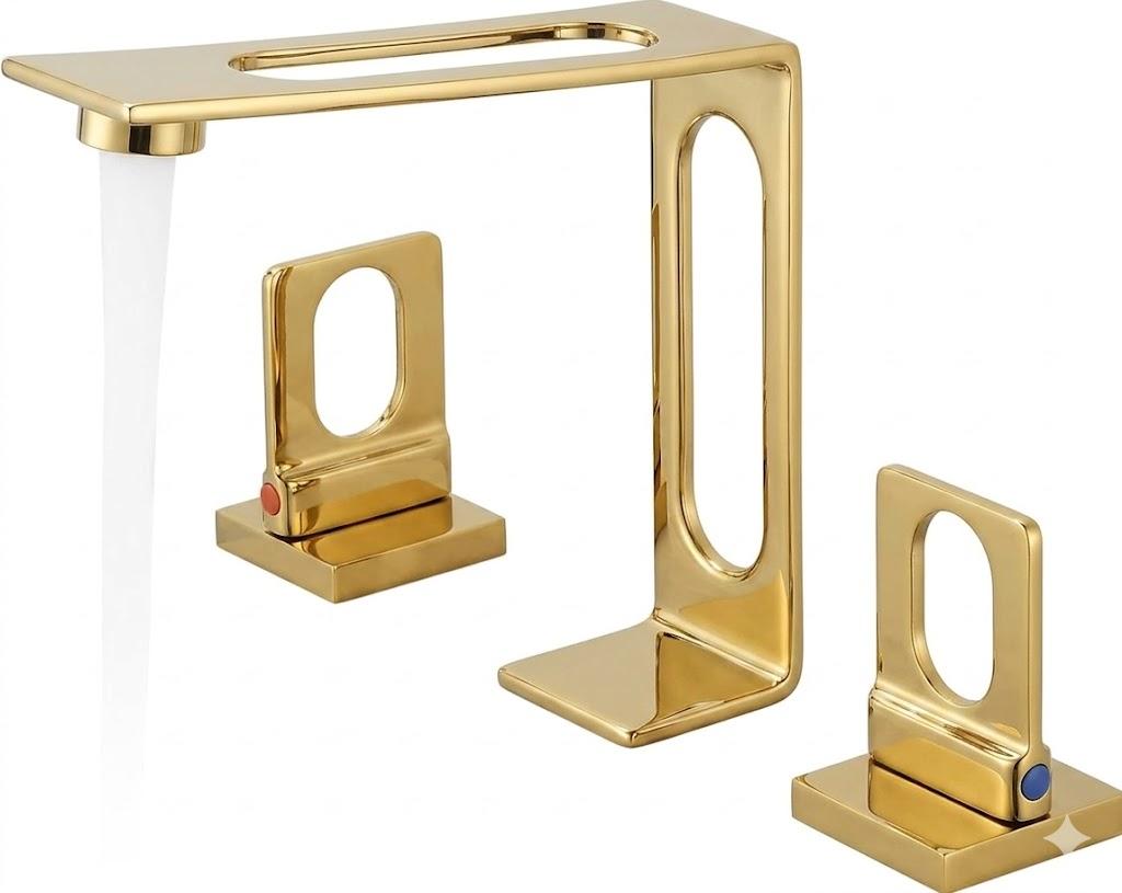 BAKALA Gold Bathroom Faucet 3 Hole, 8-Inch Widespread Bathroom Sink Faucet, 2-Handle Gold Faucet Bathroom with Water Supply Hoses, Modern Hollowed Design