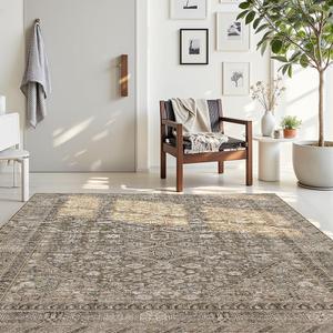 8x10 Beige Brown Washable Area Rug for Living Room, Vintage Print | Rug for Dining Room, Bedroom, Home Office, Non Slip Low Pile Carpet