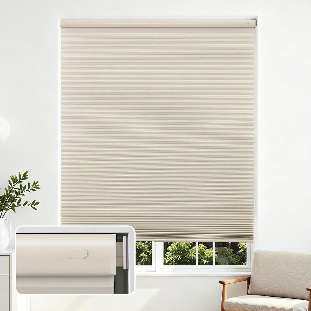 Joydeco No Tools No Drill Cordless Cellular Shades, Light Filtering Honeycomb Blinds for Indoor Windows, Thermal Insulating & Noise Reducing (Beige, 28" W x 64" H)