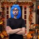 Halloween Cosplay Costume Include Blue Bob Wig Black Glasses Blue Face Paint and Ball Short Bob Wig for Women Royal Hair with Bangs Cosplay for Halloween Costume