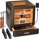 XIFEI Cigar Humidor Cabinet, Glass Top & Adjustable LED Lighting, Digital Hygrometer, 2 Humidifiers, Cigar Tube, Desktop Cedar Wood Humidor with Accessory Drawer for 80-100 Cigars, Ideal Men's Gift