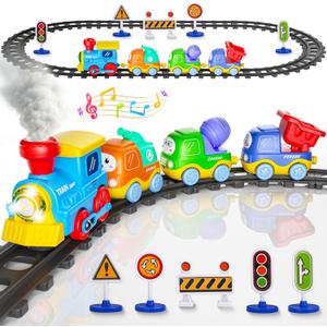 Funwee Steam Track Train Set for Toddlers, Magnetic Connection Train Toys w/Lights & Sounds, Electric Cartoon Choo Choo Train, Toy Train Christmas Birthday Gift for Toddlers 2 3 4 5+ Boy Girl (Blue)
