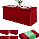 4 Pack Spandex Table Cover Skirts for 6ft Rectangle Tables, Red Stretch Table Cloths with Floor-Length Ruffle, Elastic Fitted Skirted Tablecloth for Elegant Wedding Banquet Party Buffet Decoration