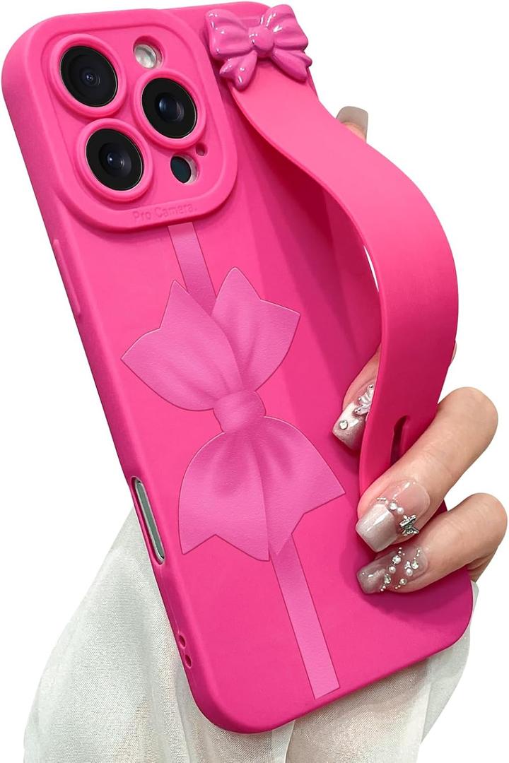 for iPhone 16 Pro Max Case with Wrist Strap Elegant Bow Ribbon Design with Adjustable Wristband Kickstand Shockproof Soft TPU Camera Protection Phone Cover for Women Girls - Hot Pink Bow