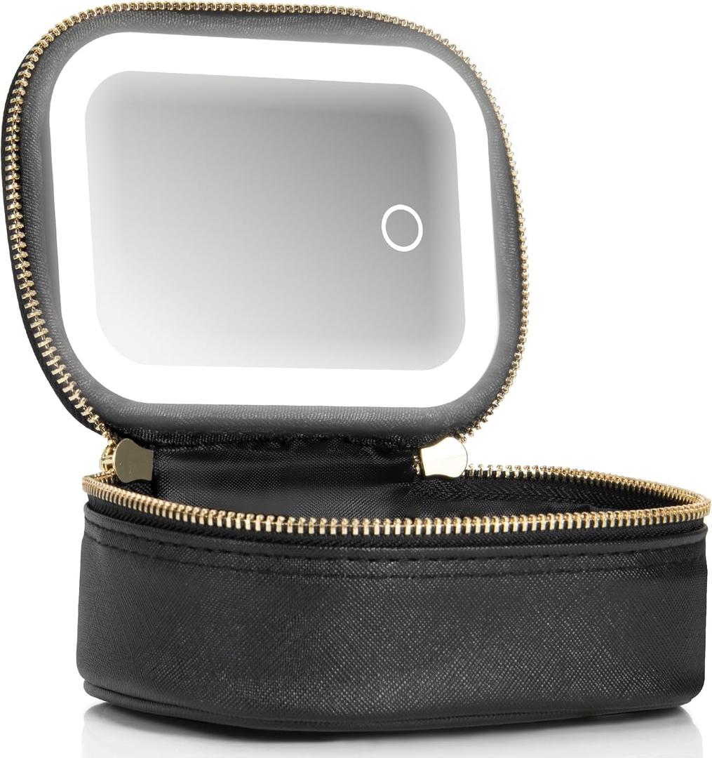 Small Makeup Bag with Led Mirror, Mini Travel Make up Bag 3 Light Modes Adjustable Brightness, for Women Organizer Cosmetic Bag, Portable Travel Train Toiletry Bag, for Pool Parties Work Touch-Ups (Black)