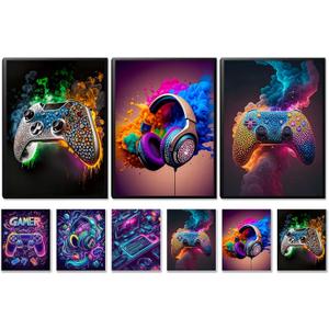 SEHSUVC Boys Gaming Decor Canvas Prints Wall Art 3 Piece, 24x16inch Framed | Colorful Neon Gaming Wall Decor,Wood Framed,Modern Gamer Bedroom Decor,Boys Posters for Bedroom,Game Room Bedroom Home Decor, 24L" x 16W"