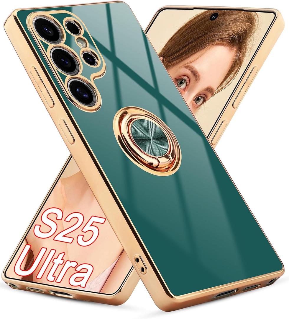 for Samsung Galaxy S25 Ultra Case, Built-in 360 Ring Holder Magnetic Stand Phone Cover, Luxury Shiny Plating Edge Electroplated for Women (Green/Golden)