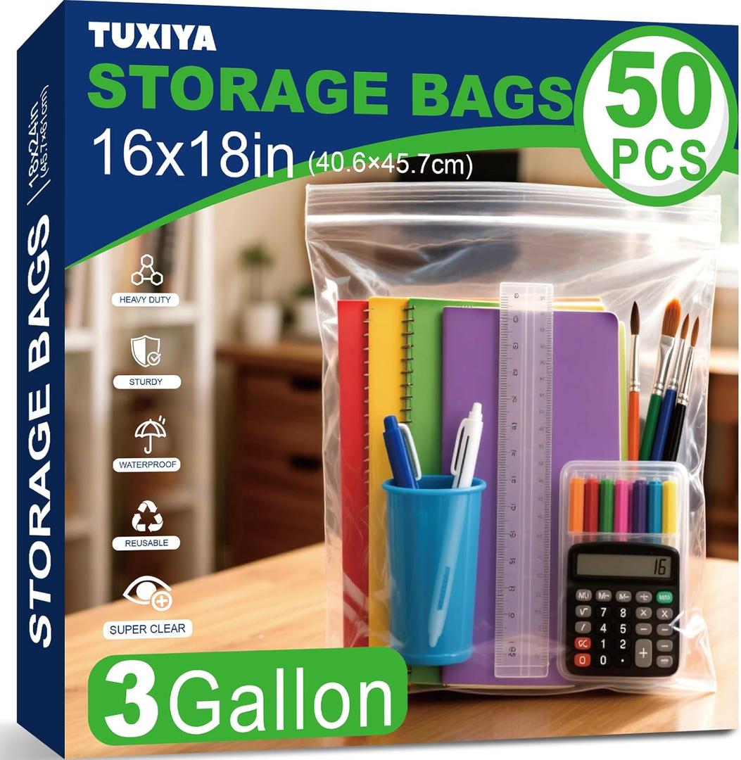 50PACK 3 Gallon Large Zipper Bags for Storage 16 x 18 Inch, Large Clear Zipper Bags Reusable with Sealable Zippers Top for Clothes, Travel & Moving,Thick 4 Mil