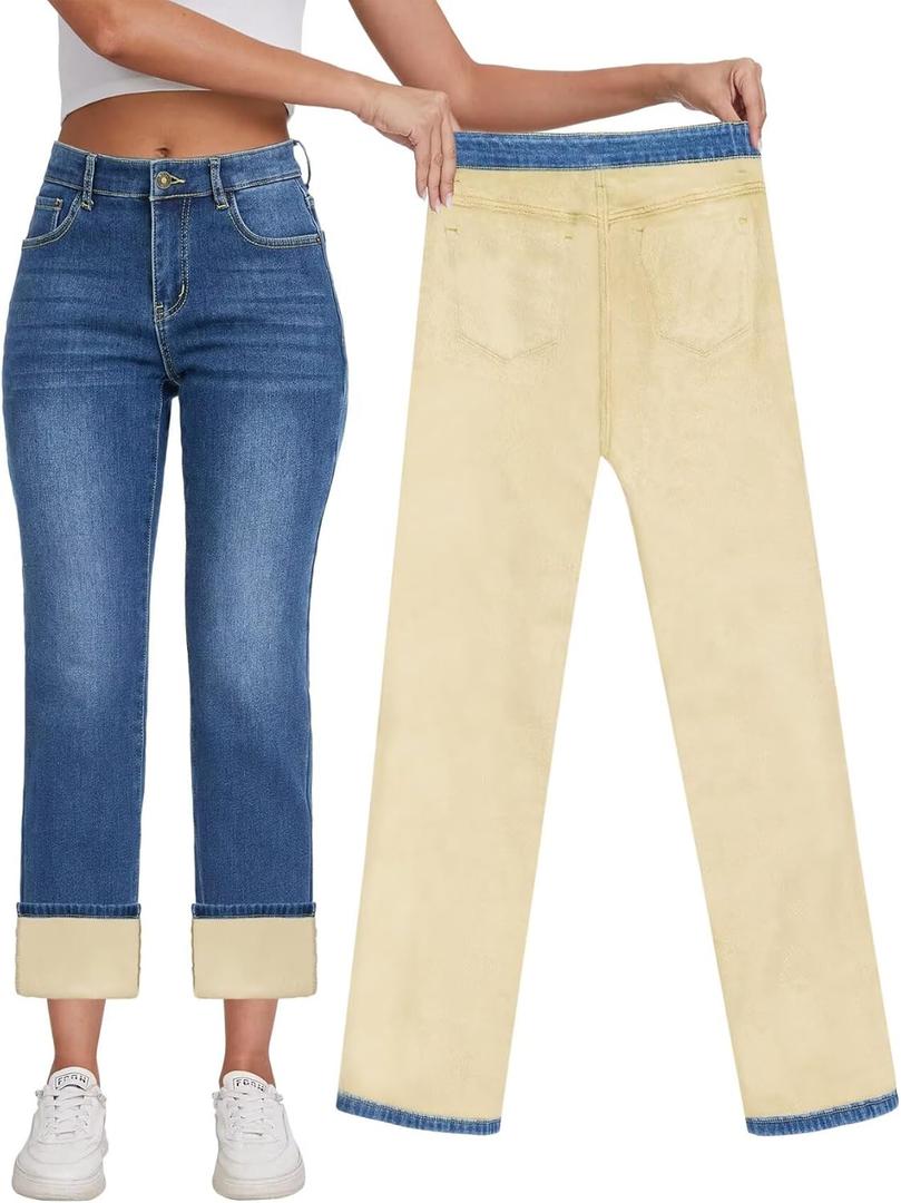 KDF Women's Fleece Lined Jeans Women High Waisted Straight Leg Jeans Winter Fleece Lined Jean Pants (10)