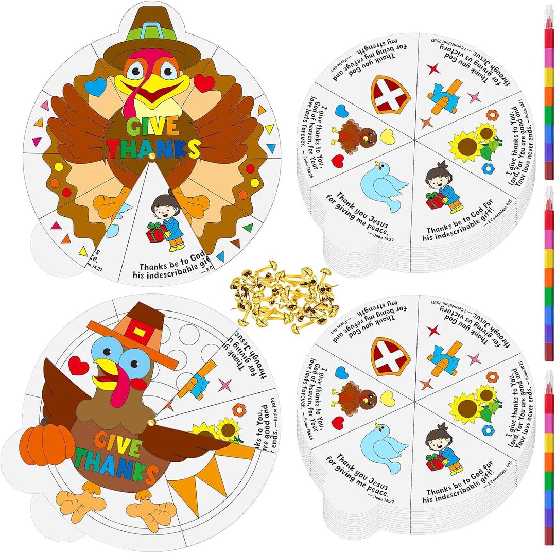 2 x Cinrobiye 24 Sets Thanksgiving Turkey Craft Kit DIY Holiday Thankful Turkey Wheel Art Activities for Fall Christian Religious Sunday School Church Family Classroom Party Favors