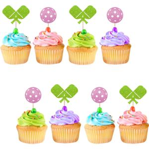 24pcs Pickleball Cupcake Toppers, Pickleball Birthday Cupcake Toppers for Kids, Pink Glitter Pickleball Cupcake Picks, Sport Themed Birthday/Retirement Party Supplies