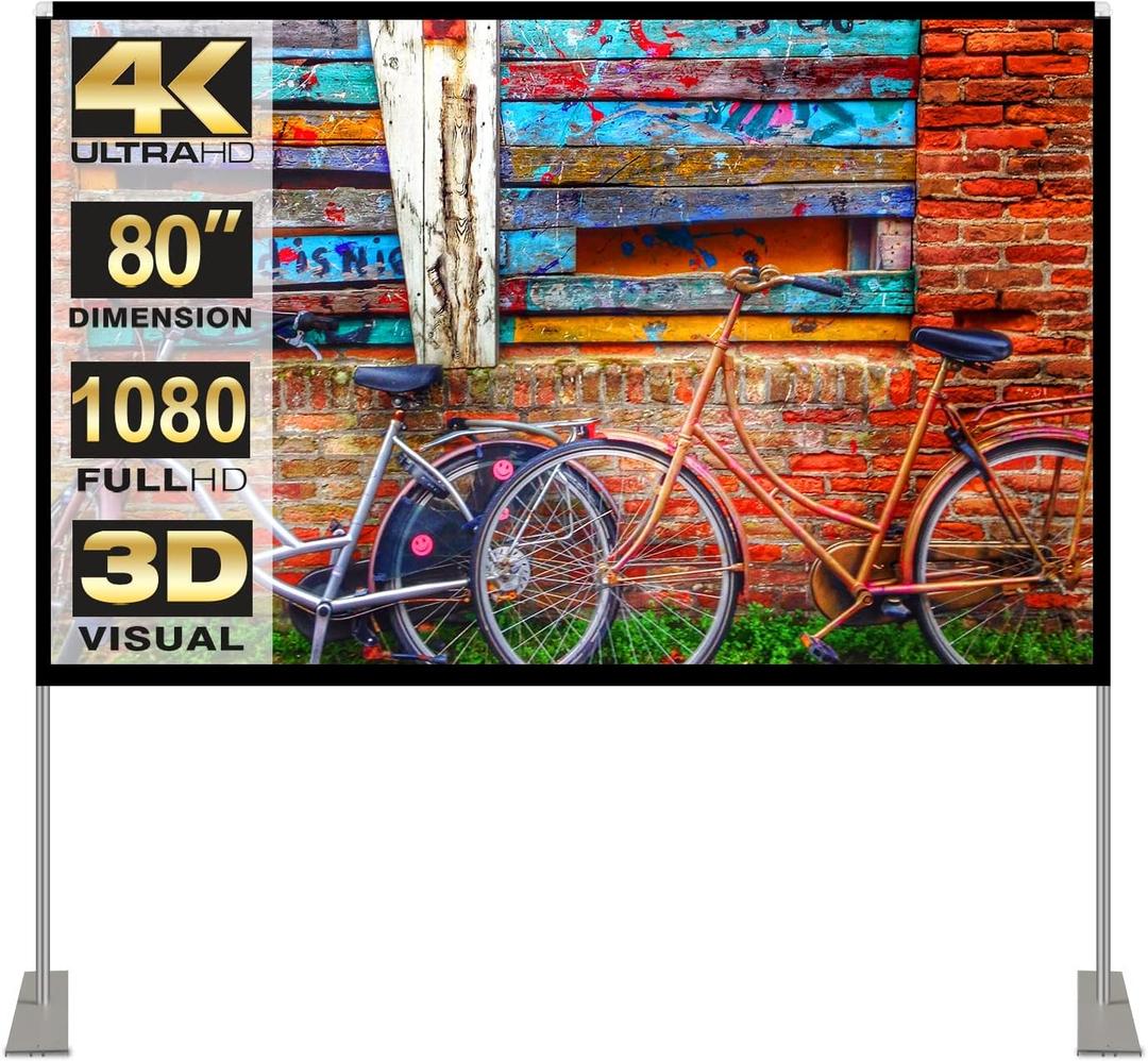 Portable Projector Screen Stand Outdoor: Movie Projection Screen 80 inch 4K HD16:9 Outside Screen with Carry Bag for Home Theater Backyard Cinema Travel Foldable Anti Crease