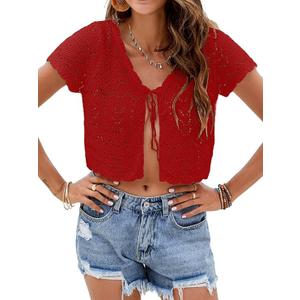 Women's Summer Short Sleeve Crochet Shrug Tie Front Open Knit Cropped Cardigan Lightweight Bolero Sweater Cover Up (True Red, X-Large)