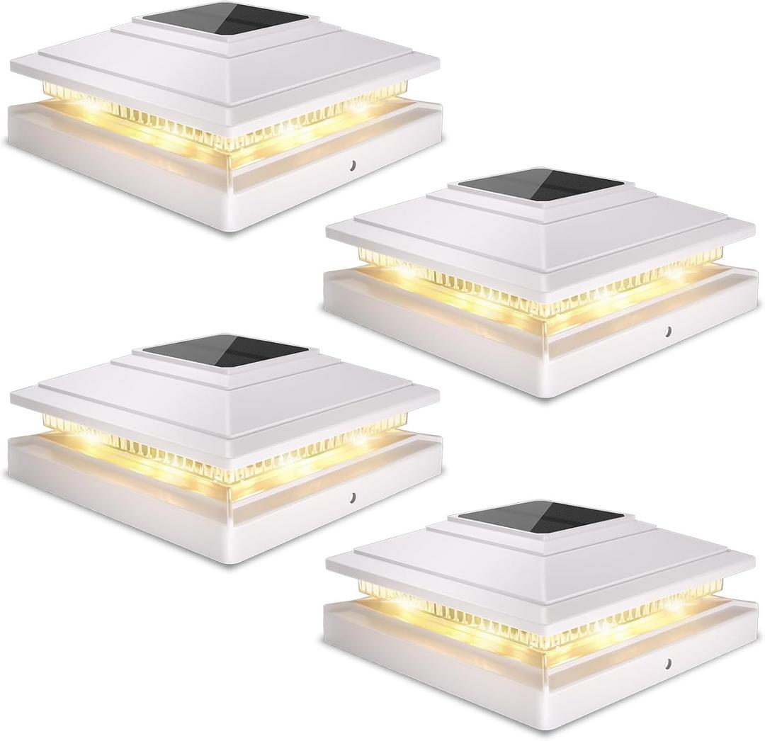 Post Cap Lights Outdoor 4pack, Waterproof Fence Post Solar Lights for 4x4 5x5 6x6 Wood/Vinyl Posts, White Solar Deck Post Lights with 2 Color Modes Decorate Garden Patio Porch Backyard