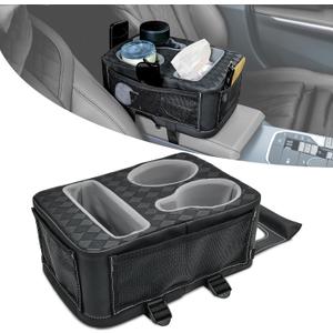 Center Console Cup Holder, Universal Car Armrest Storage Box with Bottle Holder & Tissue Slot & Side Pockets, Car Back Seat Truck Boat Couch Organizer PU Leather (12 X 8 X 5.3Inch)