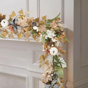 Fall Garland - 6Ft Autumn Maples Leaf Pumpkins Berry Garland - Thanksgiving Halloween Mantle Fireplace Table Decor with Black White Bow Farmhouse Harvest Decorations for Home Outdoor Indoor Porch