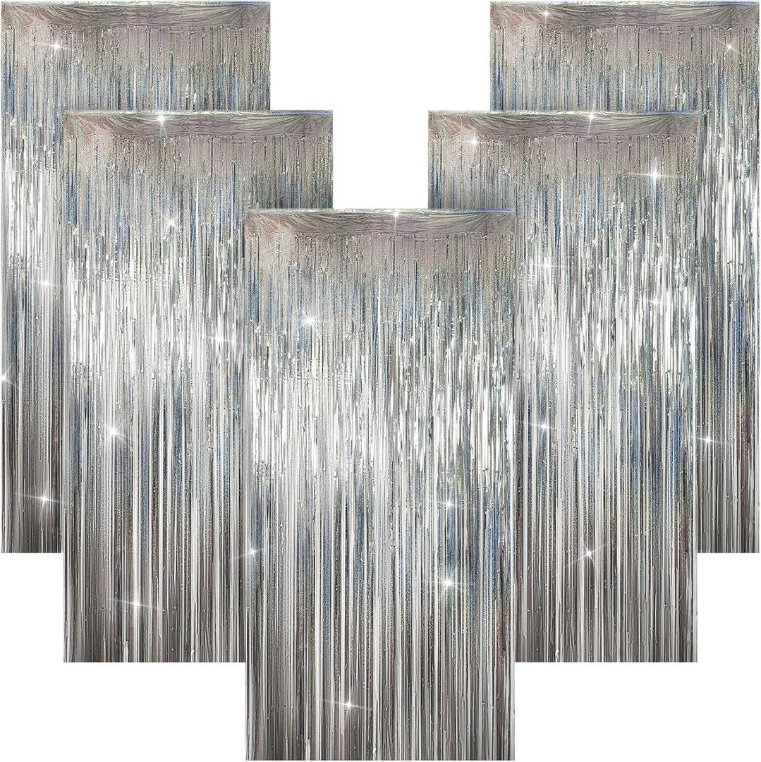 5 Pack 3.28ft x 6.56ft Glitter Silver Tinsel Foil Fringe Curtains, Photo Booth Backdrop Party Decorations for Birthday Wedding Engagement Baby Shower Graduation Bachelorette New Years