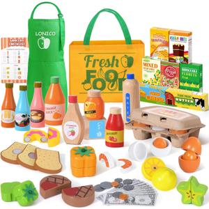 Lonico Wooden Play Food Toys for Kids, Market Grocery Store Toys with Snack & Shopping Bag & Apron for Toddlers, Pretend Play Kitchen Accessories Christmas Birthday Gift for Girls Boys 3 4 5 6