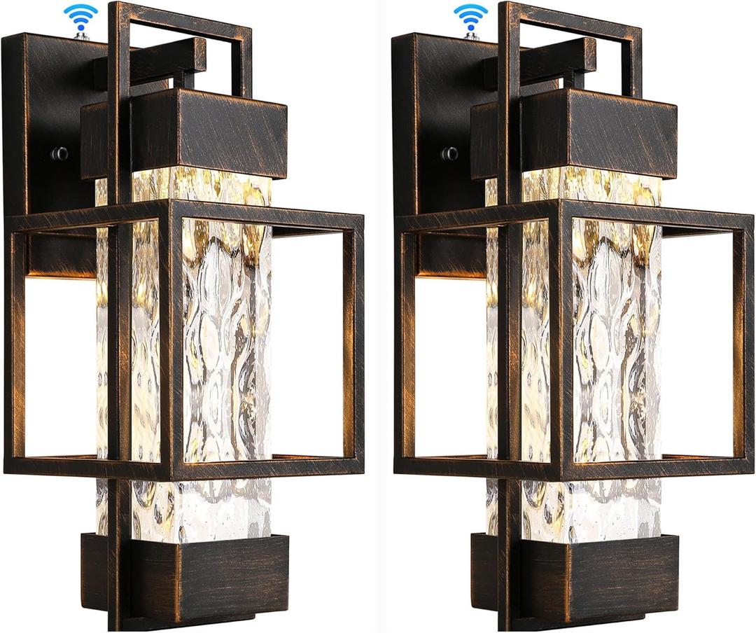 PARTPHONER Modern Outdoor Light Fixtures Dusk to Dawn Outdoor Lighting 2 Pack, 15" Exterior Wall Sconce Waterproof Outside Porch Light for House with Water Glass Black Brushed Gold
