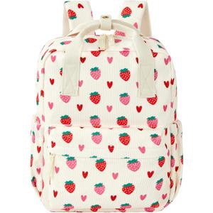 Mini Corduroy Backpack Bookbag School Bag for Toddlers Girls and Boys Preschool Daycare Kindergarten 13'' H Lightweight Fits for Folder(Strawberry-Beige Corduroy)