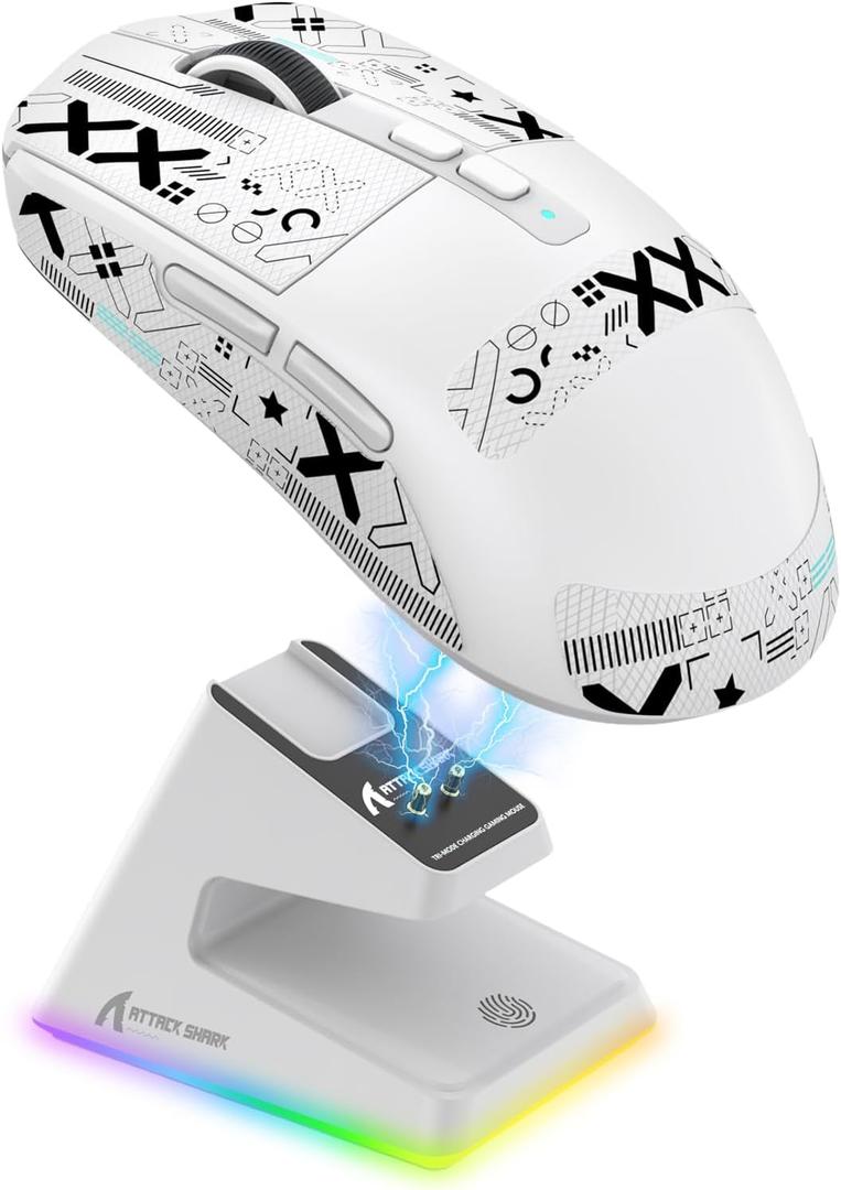ATTACK SHARK X6 Lightweight Wireless Gaming Mouse with RGB Backlight Charging Base,Tri-Mode Wired/2.4GHz/BT5.2,26K DPI, PAW3395 Optical Sensor,HUANO Switch,5programmable Buttons,PC/Mac(White+Sticker)
