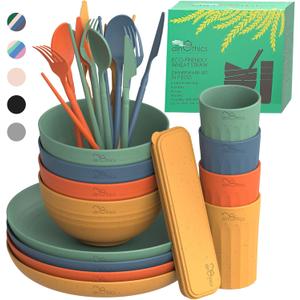 Wheat Straw Dinnerware Sets For 4 - Camping Plates Cups And Bowls Set - Dishwasher Microwave Safe Dishes - Alternate To Plastic Dinnerware Set - Wheat Straw Plates And Bowls Sets - RV Dishes (Multicolor)