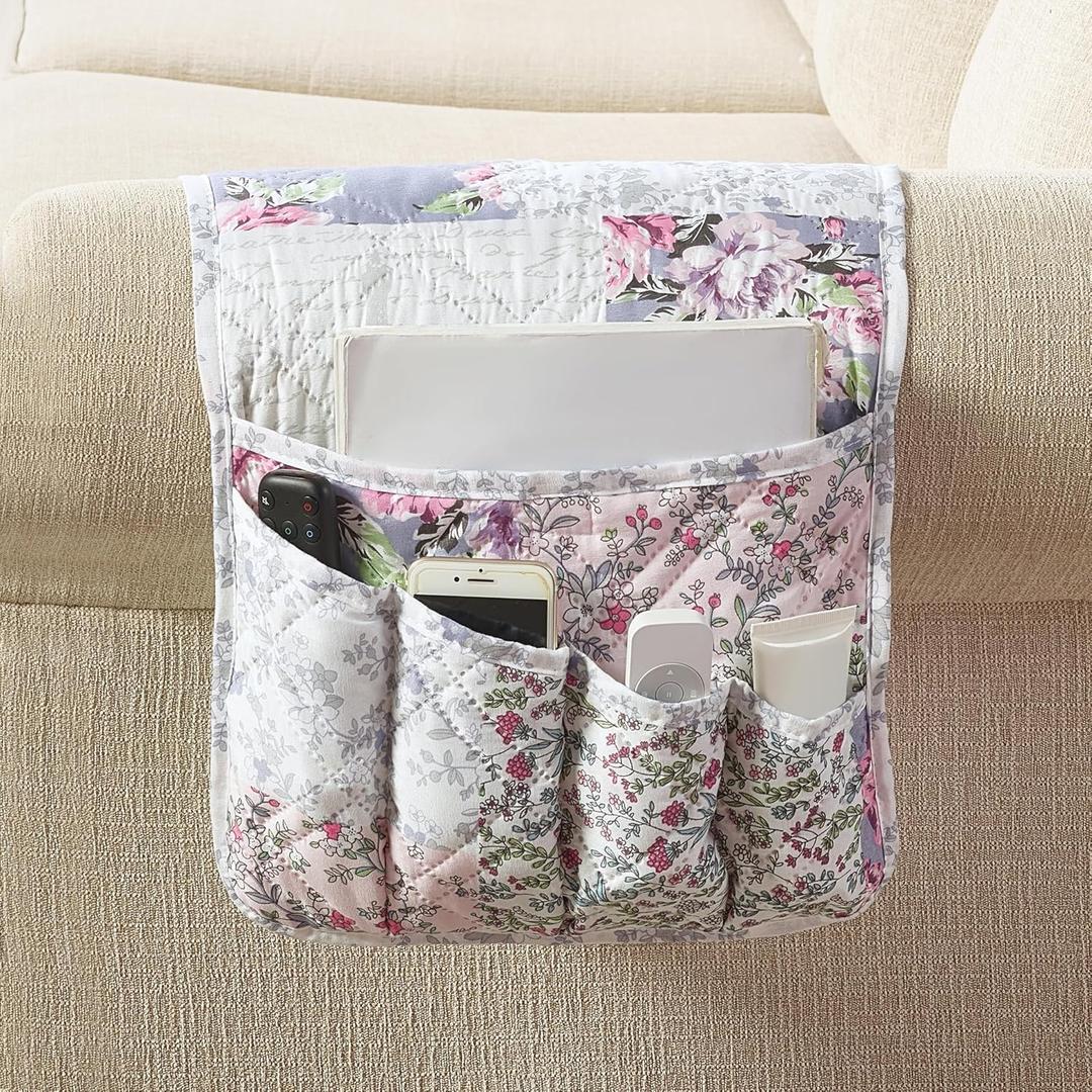 Brilliant Sunshine Rose Toile Couch Sofa Armrest 5 Pockets Organizer, Slip Resistant Recliner Armchair Caddy, Washable Remote Controls Holder, Storage for Magazine, Tablet, iPad, 3513", Blue Pink