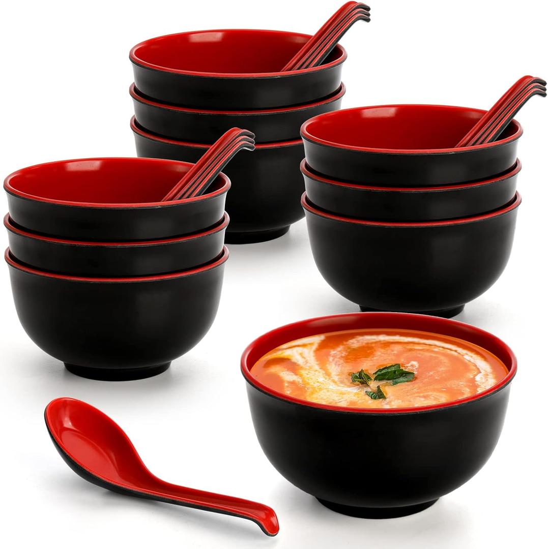 Lyellfe Set of 10 Miso Soup Bowl with Spoon, Restaurant Quality Melamine Cereal Rice Bowl, 16 Oz Unbreakable Japanese Dinnerware for Ramen, Udon Noodle, Dishwasher Safe