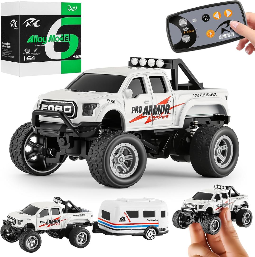Power Monster Truck with Camping Trailer, 1:64 Scale Die-Cast Alloy, Remote Control Car with LED Lights, 2.4GHz, 3-Speed, for Kids 4-8 Years (White)