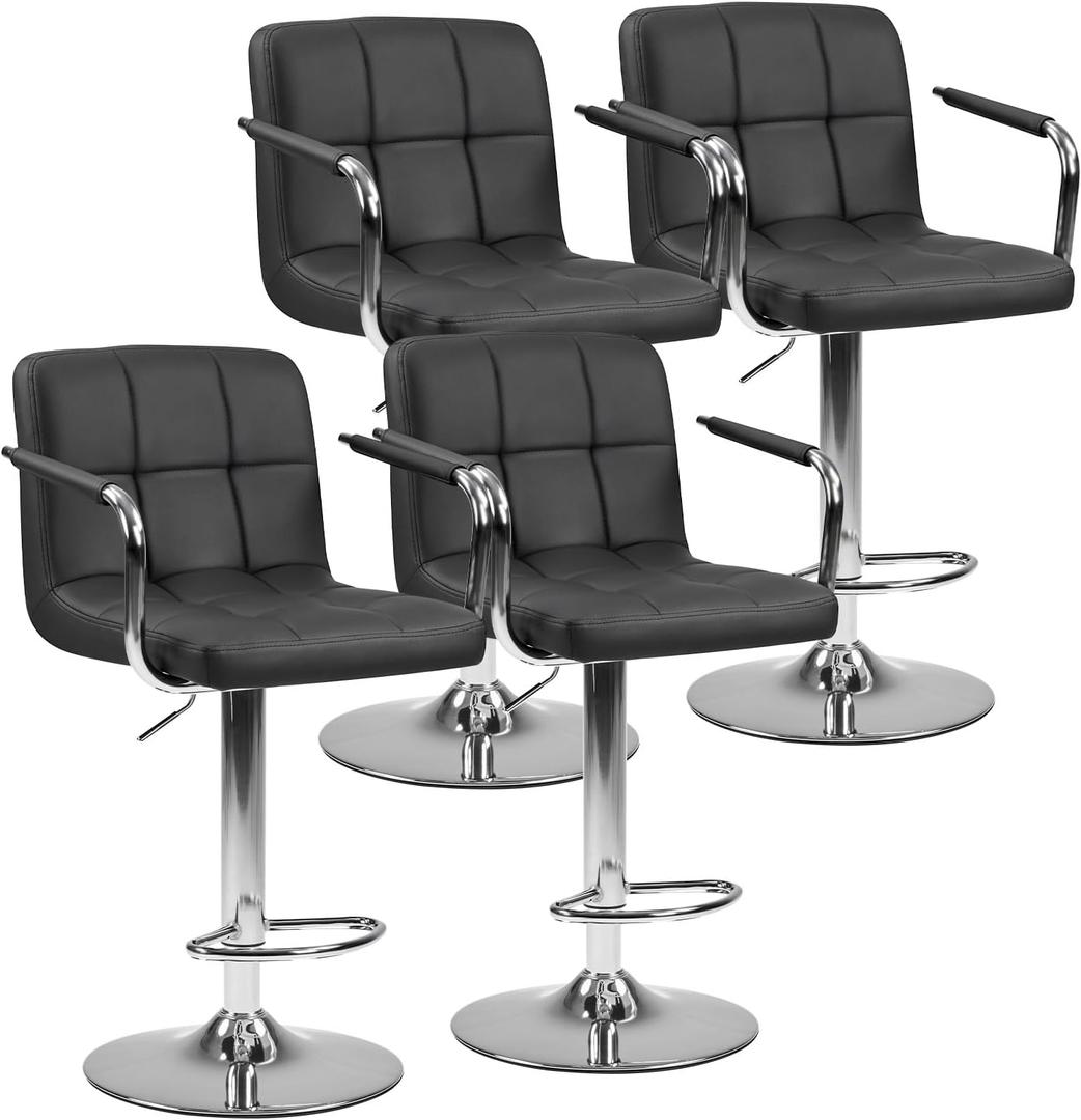DUMOS Bar Stools Set of 4, Adjustable Swivel Bar Chairs with Padded Armrests and Ergonomic Backrest for Kitchen Island Counter Pub Dining Room, Water-Resistant PU Leather, Black