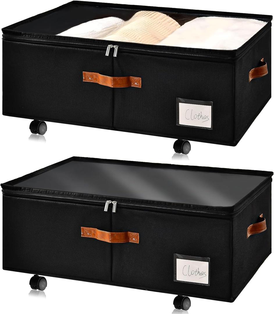 Under Bed Storage Organizer with Wheels, Underbed Container with Clear Lid Cover, Storage Bag Box with Visiable Window for Clothes, Bedsheet, Pillow, 2 Pack (10 inch)