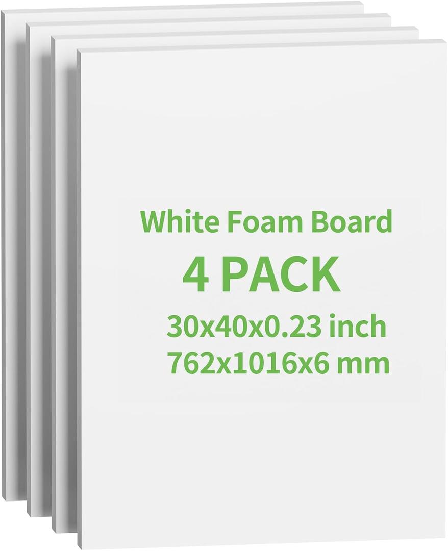 4 Pack Foam Board 30"x40", 0.23 Inch Thickness Poster Board, Double-Sided Acid-Free Foam Core Board, Large Lightweight Polystyrene Board for Painting, Display, Craft & School Projects, White