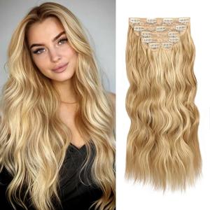 WECAN Blonde Clip In Hair Extensions - 20 Inch, 6 Pcs Long Wavy Curly Strawberry Blonde Highlight Bleach Blonde Synthetic Fiber Double Weft Soft Hairpieces For Women
