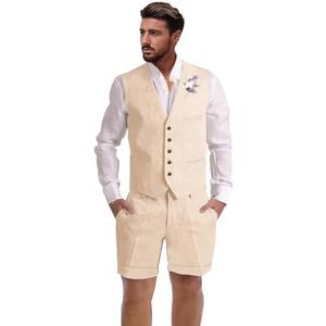 Dsteng Mens Linen Suit 2 Piece Short Suits for Men Casual Summer Beach Wedding Suit Linen Vest Shorts Set XXL, Champagne  Dsteng Mens Linen Suit 2 Piece Short Suits for Men Casual Summer Beach Wedding Suit Linen Vest Shorts Set XXL, Champagne
