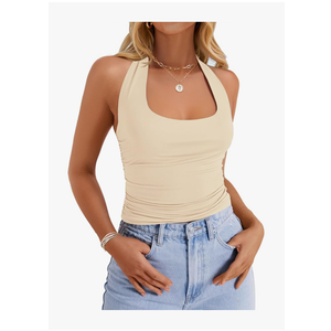 ZESICA Women's Halter Tank Tops 2025 Summer Scoop Neck Backless Shirts Slim Fitted Casual Ruched Sleeveless Tops Size M