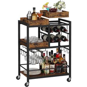 TUTOTAK Bar Cart, Home Bar Serving Cart, 3-Tier Kitchen Cart on Wheels, Rolling Beverage Cart with Wine Rack and Glass Holder, Brown BC01BB037