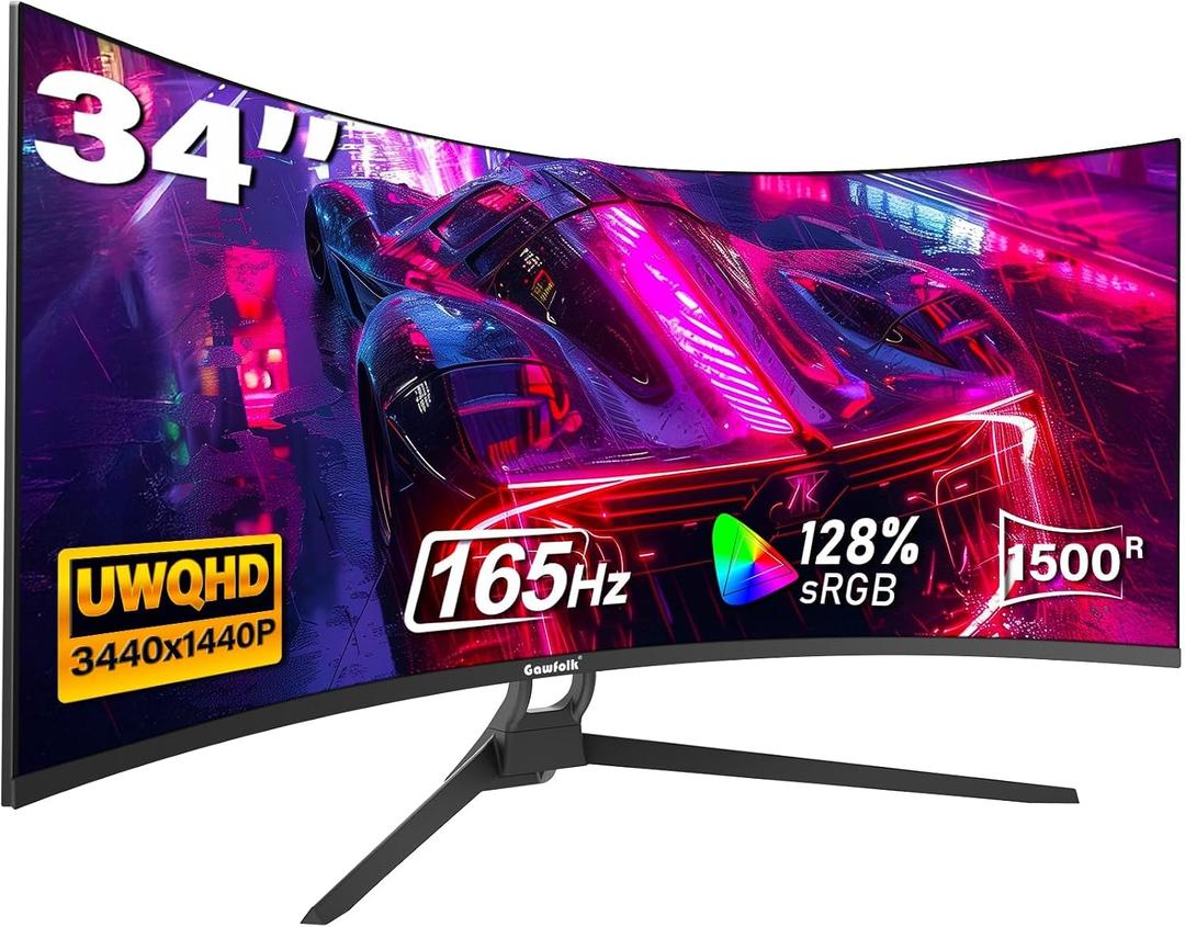 Gawfolk 34" Ultrawide Curved Gaming Monitor, UWQHD 3440x1440 165Hz 1500R
PIP/PBP 1ms(MPRT) 128% sRGB HDMI & DP Tilt Adjustable 21:9 PC Screen
