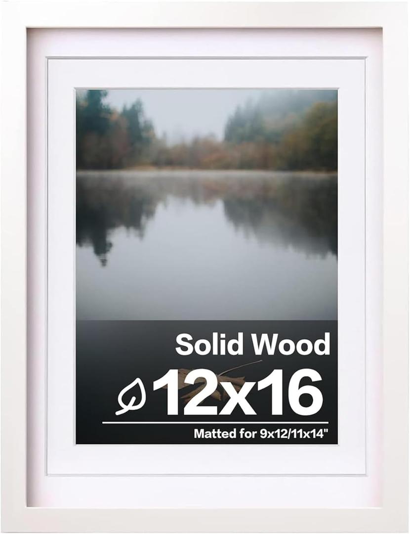 Egofine 12x16 Picture Frame White Covered by Plexiglass Made of Solid Wood, Display Pictures 9x12 and 11x14 with Mat or 12x16 Without Mat for Wall Mounting