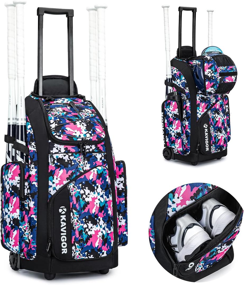 KAVIGOR Rolling Baseball Bag with Wheels, 60L Capacity Softball Bag Holds 4 Bats for Boys and Girls, Youth Equipment Bag with Shoe Compartment, Large