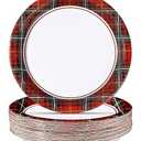 Greencian 50Pcs Christmas Paper Plates 10" Large Disposable Red Black Gingham Paper Platters Christmas Plaid Dessert Plates for Winter Xmas Theme Party Supplies