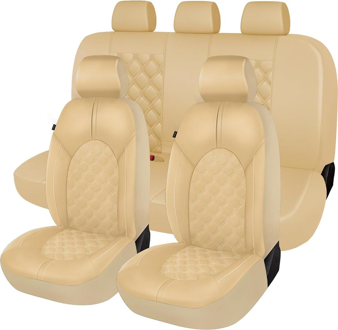 CAROMOP Luxury PU Leather Car Seat Covers Full Set-Waterproof Seat Protectors with Split Bench Seat Covers for Cars-Universal Cars Interior Covers for Sedans, SUVs, Pick-up Trucks(Beige/Beige Line)