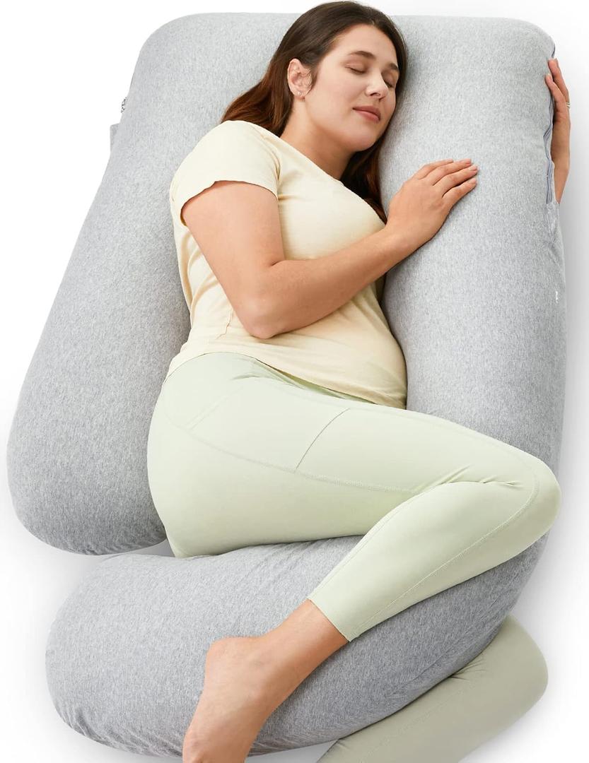 Momcozy U Shaped Pregnancy Pillows with Cotton Removable Cover, 57 Inch Full Body Pillow Maternity Support, Must Have for Pregnant Women, Hatha Grey