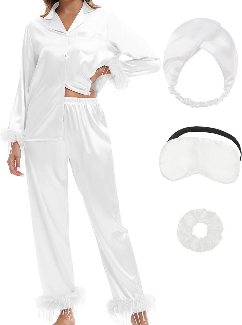 MORFORU Satin Pajama Set for Women Feather Trim Long Sleeve Pjs with Sleep Mask Headband Scrunchie Sleepwear Lounge Set (Large, White)