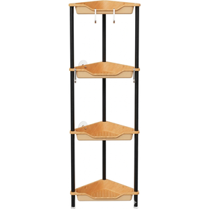 Orimade Rustproof 4 Tier Floor Standing Corner Shower Caddy Organizer, Plastic Metal Splicing Floor Corner Shelf Rack Storage Stands for Bathroom, Wood Grain Surface