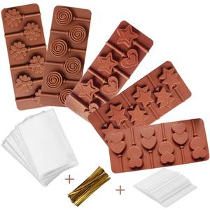 5 Pack Lollipop Silicone Candy Mold Silicon chocolate Lollipop Moulds with Shape of Double Heart, Star, Small Flower, Round, Including 30 Lollipop Sticks and 50 Pcs Candy Treat Bags