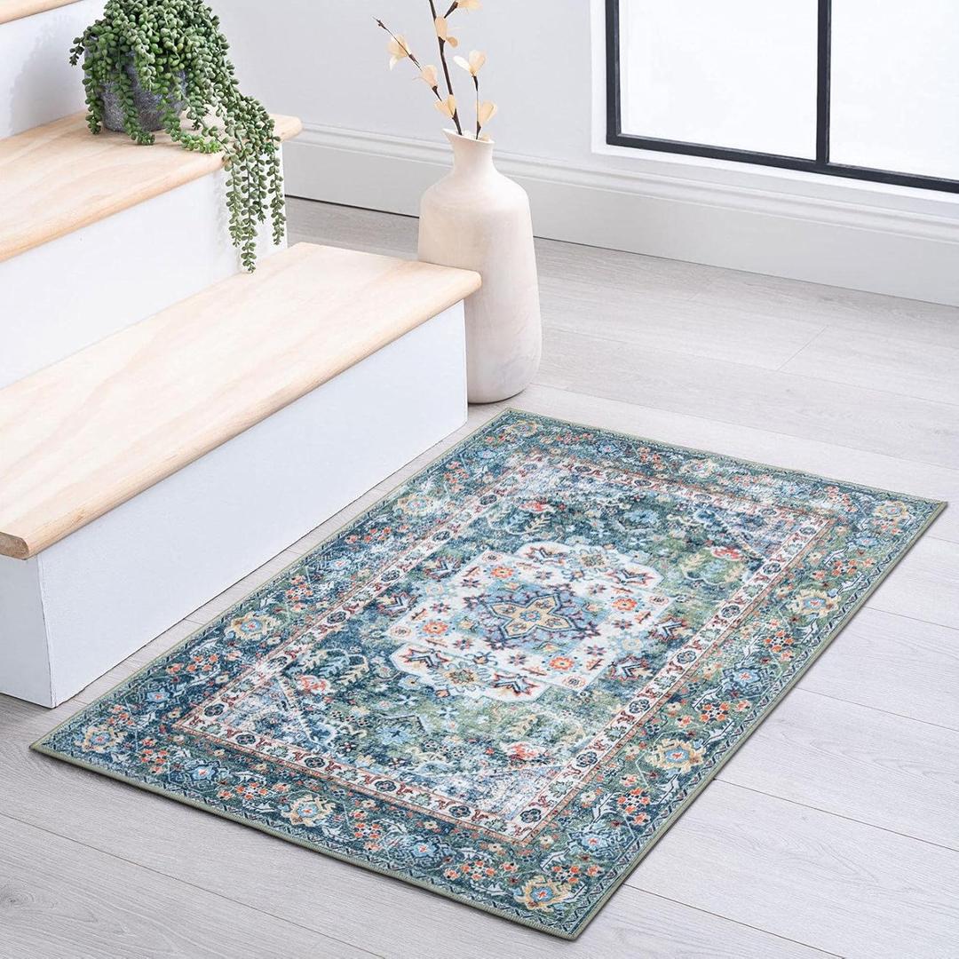 DECOMALL Welcome Door Mat 2x3ft, Washable Small Rugs Green Multi, Bohemian Vintage Foldable Throw Carpet for Entrance, 24"x36"