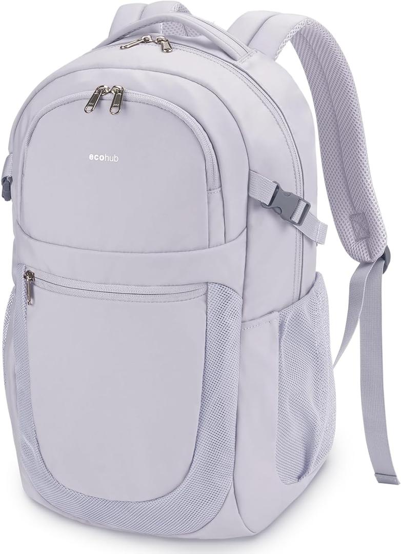ECOHUB Travel Backpack for Women, 17.3 inch Suspended Laptop Backpack, Fashion Water-Resistant College Computer Bookbag, 28L Personal Item Bag with 12 Pockets for Causal, Work, Grey