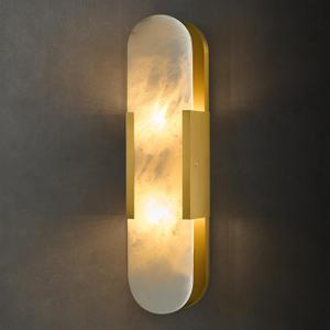 Alabaster Brass Oval Wall Sconce - Natural Spanish Stone Indoor Lighting Fixture - Luxury Modern Gold Dimmable Sconces with Bulb - Elongated Brushed Vanity Light for Bathroom Bedroom Living Room Decor, 1 Pack
