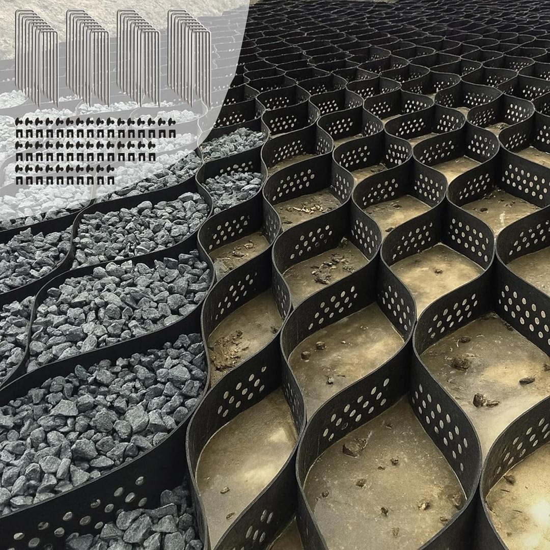 40FT Gravel Driveway Grid  1990 lbs/sq ft Load Geo Grid, HDPE Geocell Ground Stabilizer for Parking Pad, Sloped Yard, Backyard Paths  Easy DIY Installation with 32 Stakes & 40 Fasteners (Black)