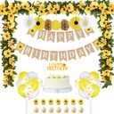 33 Pieces Sunflower Party Supplies, Sunflower Happy Birthday Banner, Big Cake Topper, Yellow Sunflower Cupcake Topper, Sunflower Garland, Tissue Paper Fans, Paper Pom Poms, Colorful Balloon for Party